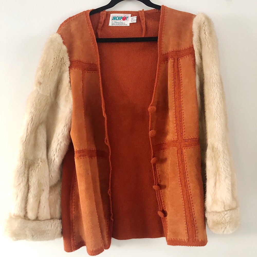 Rare 70s Vintage Boho Plus size Suede Crochet Fur Jacket - Picture 14 of 17